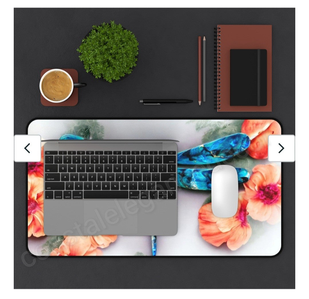 Beautiful Print Sublimation Handcrafted Dragonfly with Peach Flowers Desk Mat, demonstrating its use with a laptop and stationery on a decorative desk surface.