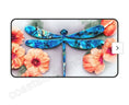 Load image into Gallery viewer, Beautiful Print Sublimation Handcrafted Dragonfly with Peach Flowers Desk Mat, close-up view of the blue dragonfly on a floral background.
