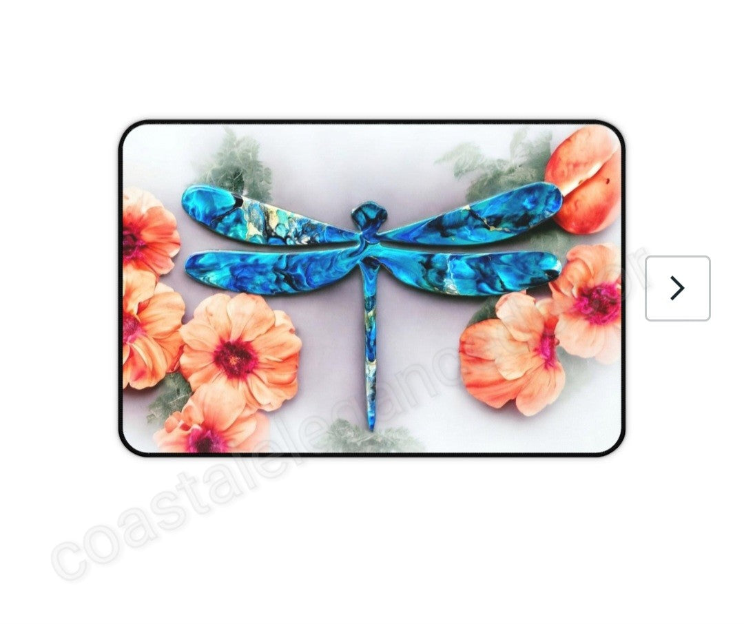 Beautiful Print Sublimation Handcrafted Dragonfly with Peach Flowers Desk Mat, highlighting the intricate blue dragonfly design surrounded by peach flowers.