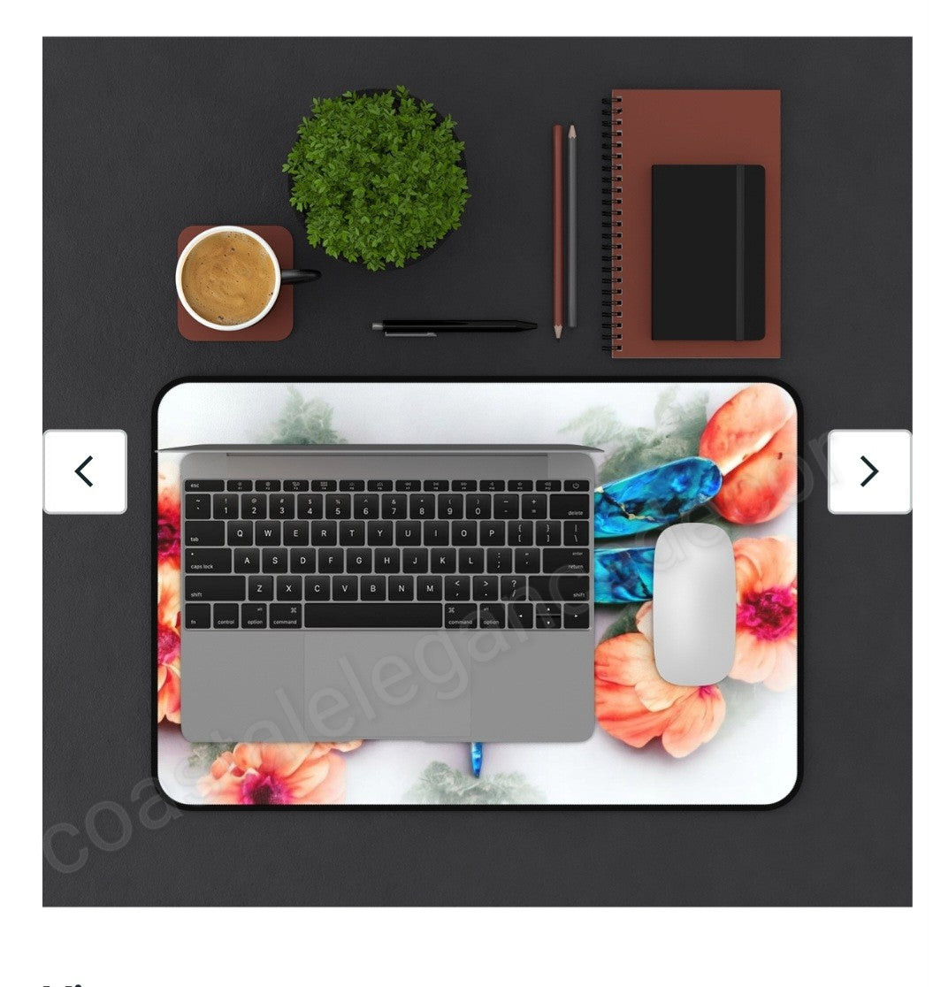Beautiful Print Sublimation Handcrafted Dragonfly with Peach Flowers Desk Mat, showcasing a laptop and coffee cup on the colorful desk mat with vibrant design.