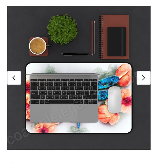 Beautiful Print Sublimation Handcrafted Dragonfly with Peach Flowers Desk Mat, showcasing a laptop and coffee cup on the colorful desk mat with vibrant design.