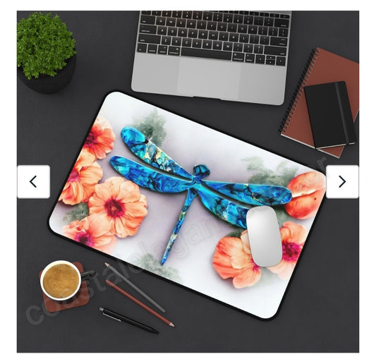 Beautiful Print Sublimation Handcrafted Dragonfly with Peach Flowers Desk Mat, featuring a colorful blue dragonfly and peach-colored flowers, perfect for a stylish home office setup.