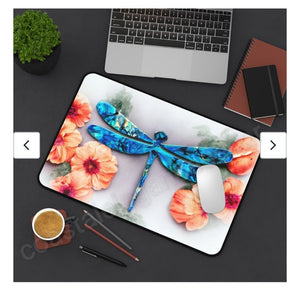 Beautiful Print Sublimation Handcrafted Dragonfly with Peach Flowers Desk Mat 2 Sizes