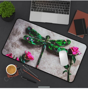 Green Dragonfly with Pink Roses Desk Mat 2 Sizes