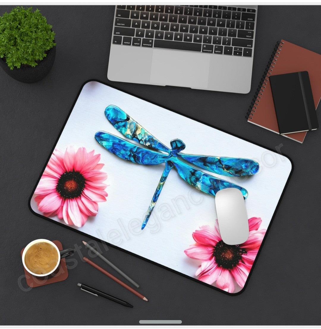 Contemporary Blue Dragonfly with Pink Daisies Desk Mat 2 Sizes
