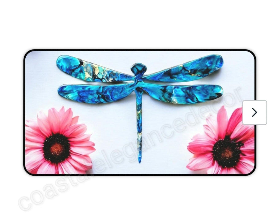 Contemporary Blue Dragonfly with Pink Daisies Desk Mat 2 Sizes