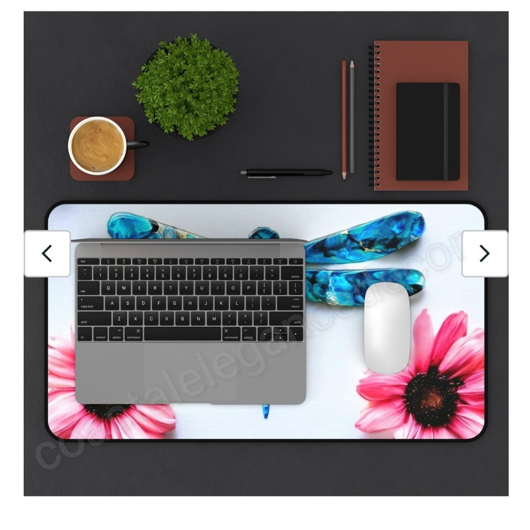 Contemporary Blue Dragonfly with Pink Daisies Desk Mat 2 Sizes