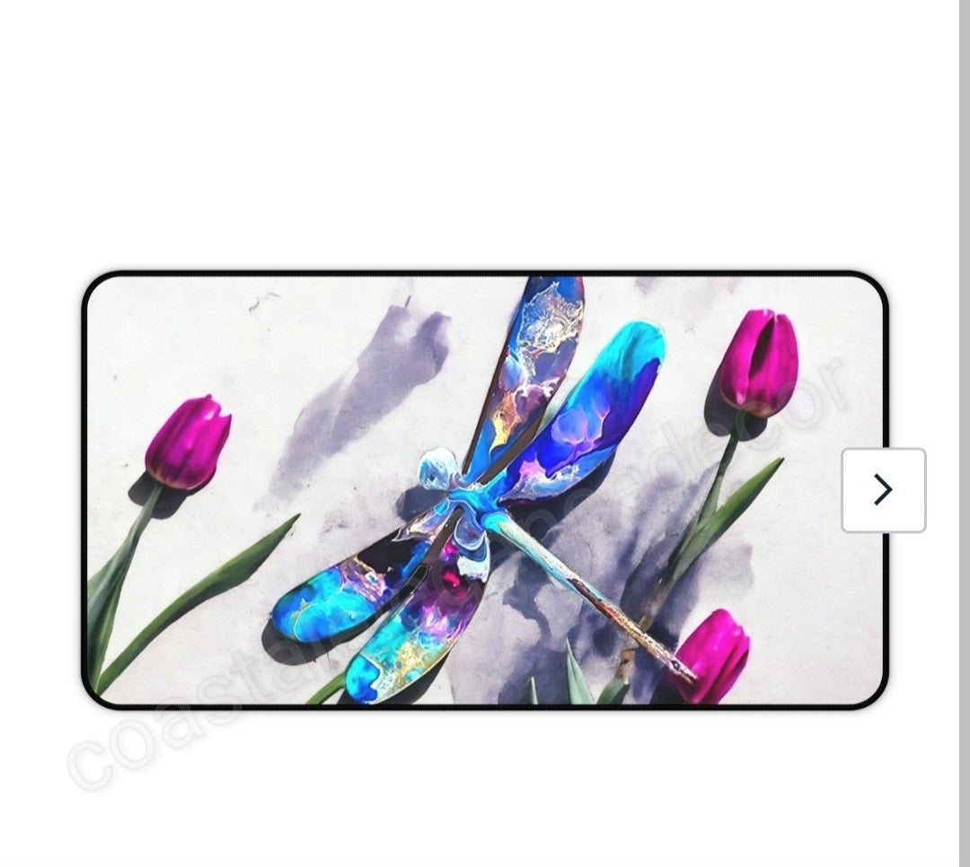 Colorful Dragonfly with Pink Roses Desk Mat 2 Sizes