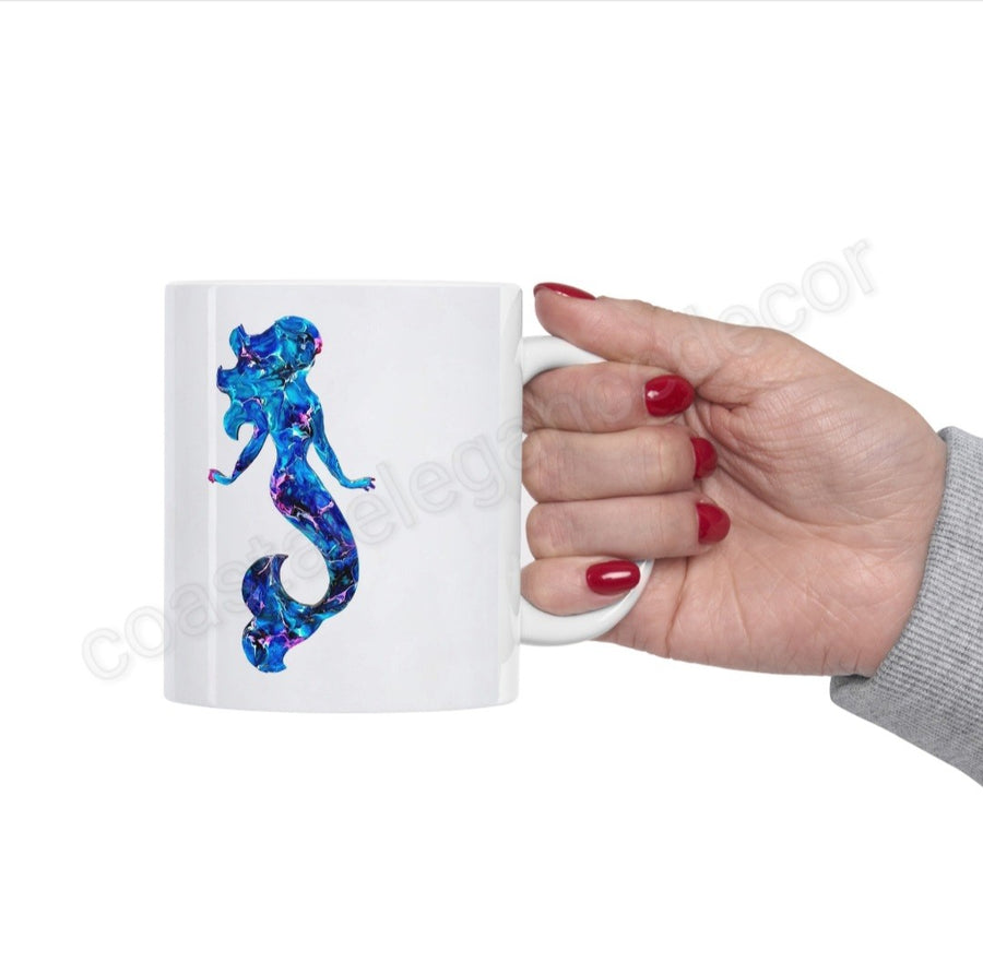 Handmade Blue and Pink Mermaid Art Printed White Ceramic Mug 11oz DW safe