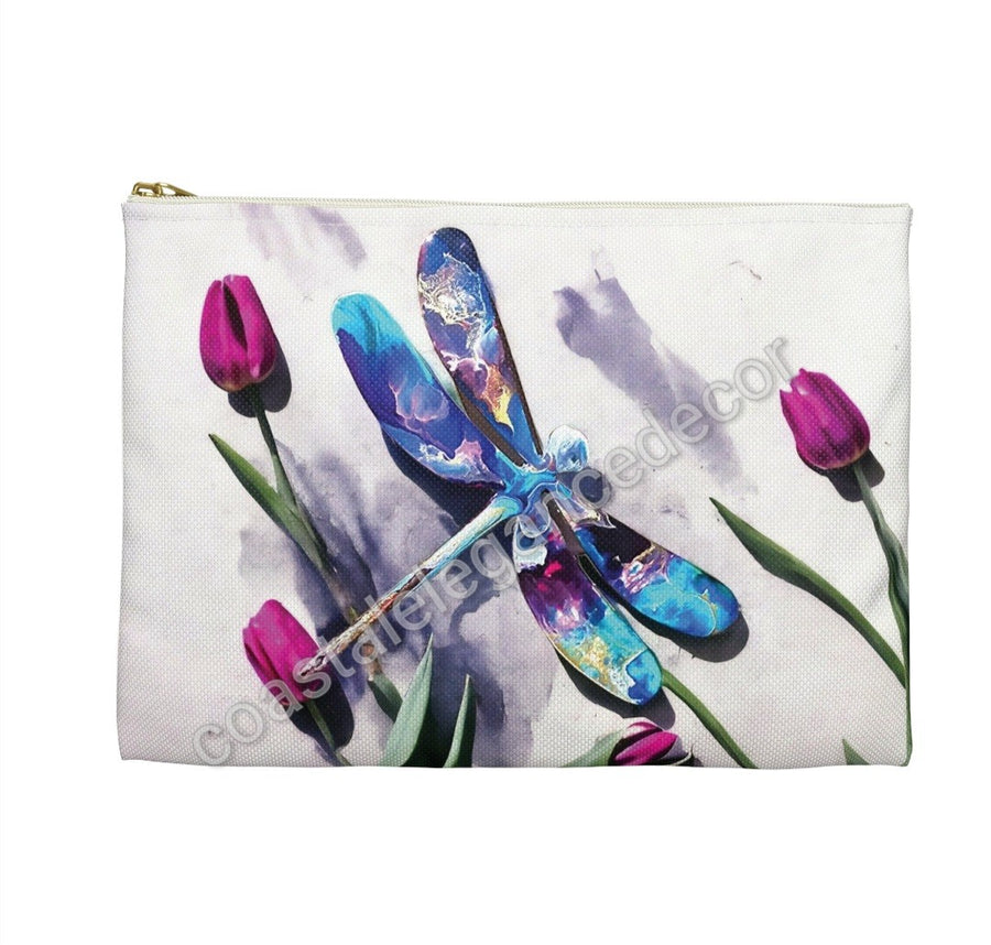Multi-Colored Dragonfly with Pink Flowers Accessory Pouch