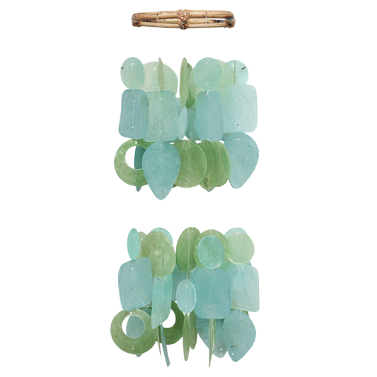 Handmade 15-Inch Capiz Shell Wind Chimes - 2-Tiered Tide Pool Design in Teal and Green