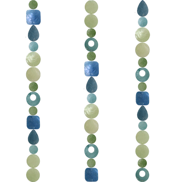 Capiz Shell Strands in shades of blues, teals, greens, and light greens. Decorative strands featuring a combination of translucent capiz shells, perfect for indoor or outdoor décor, measuring 72 inches.