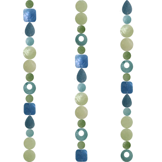 Capiz Shell Strands in shades of blues, teals, greens, and light greens. Decorative strands featuring a combination of translucent capiz shells, perfect for indoor or outdoor décor, measuring 72 inches.