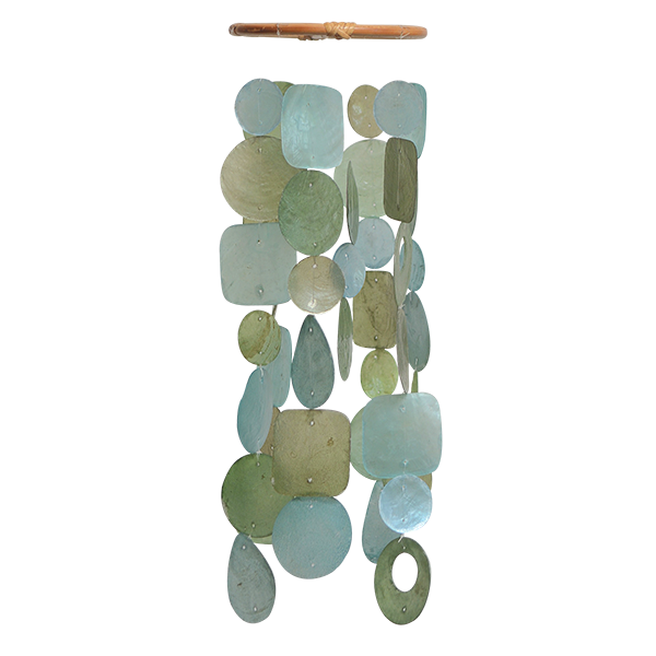 Capiz Shell Small Wind Chimes featuring olive greens and turquoise blues, measuring 15 inches in length. The wind chime showcases a variety of shapes including circles and teardrop designs, crafted from capiz shells. Perfect for home decor, patio, or as a unique gift.