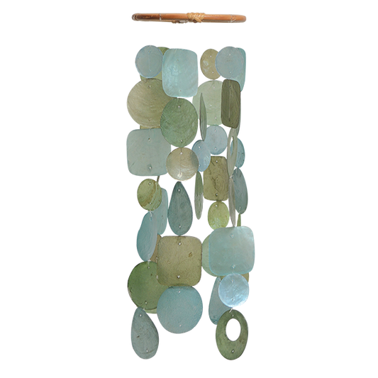 Capiz Shell Small Wind Chimes featuring olive greens and turquoise blues, measuring 15 inches in length. The wind chime showcases a variety of shapes including circles and teardrop designs, crafted from capiz shells. Perfect for home decor, patio, or as a unique gift.