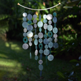 Load image into Gallery viewer, Capiz Shell Chime Inverted Arch Wind Chimes Decoration Blue - Elegant wind chime featuring a variety of capiz shell shapes in shades of blue, suspended from a stylish curved frame. Ideal for indoor or outdoor decorations.
