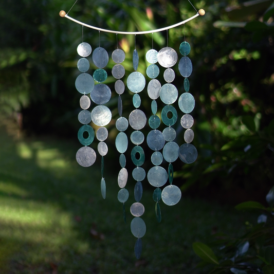 Capiz Shell Chime Inverted Arch Wind Chimes Decoration Blue - Elegant wind chime featuring a variety of capiz shell shapes in shades of blue, suspended from a stylish curved frame. Ideal for indoor or outdoor decorations.