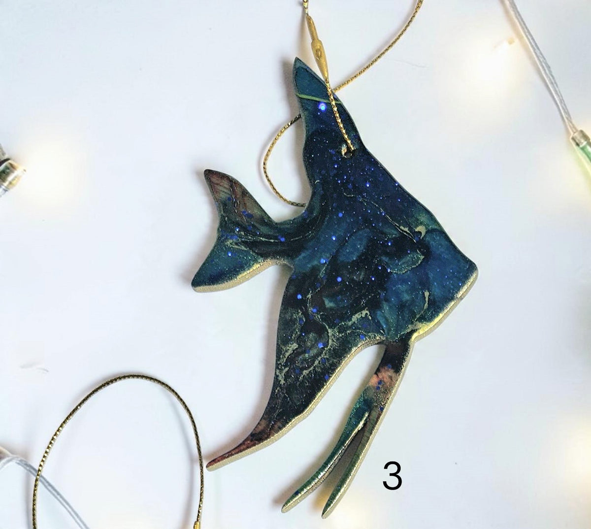 Coastal Elegance Decor handmade tropical angel fish ornament in dark blue resin and wood with shimmering glitter