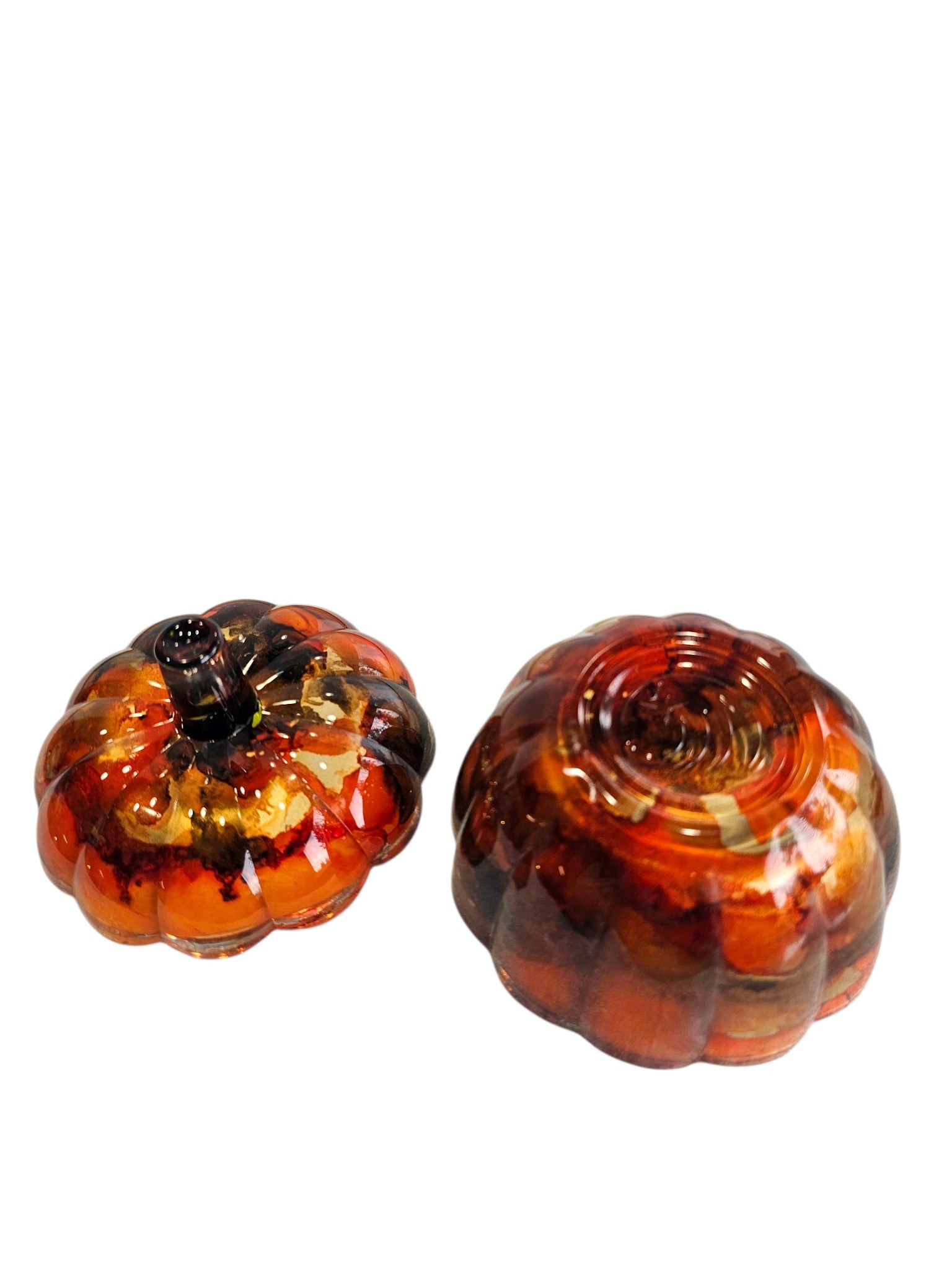 Coastal Elegance Decor handcrafted glass pumpkin dish with amber and obsidian ink swirls and a removable lid.