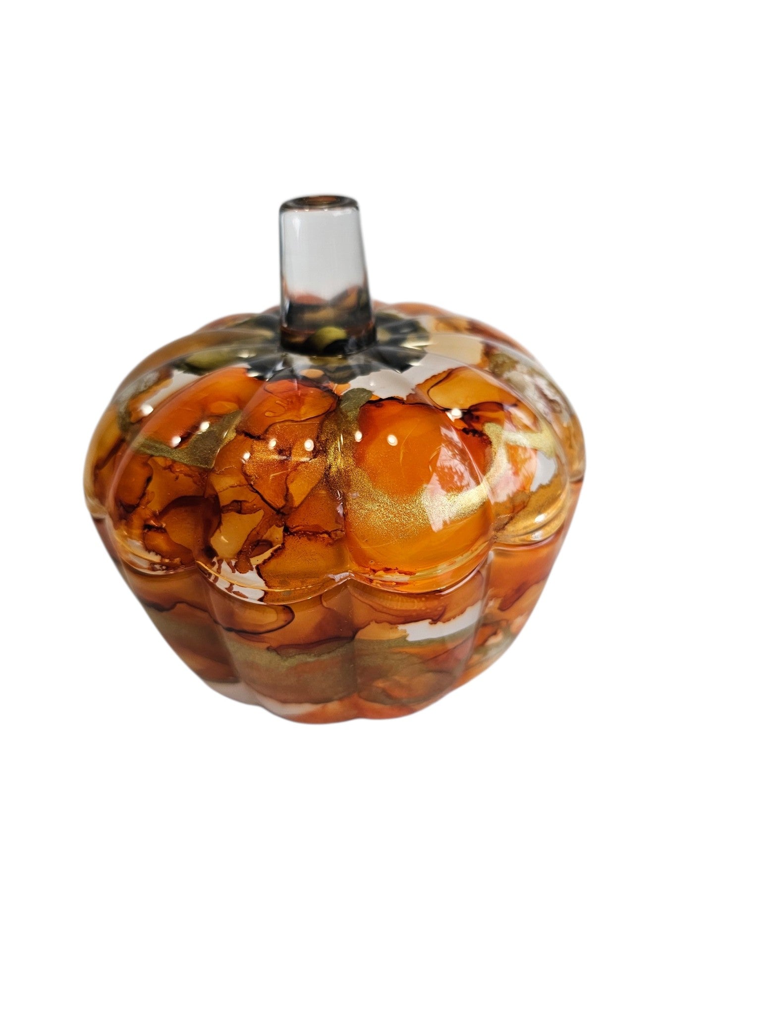 Coastal Elegance Decor handcrafted glass pumpkin dish with amber, orange, and obsidian ink-style swirls for autumn decor.