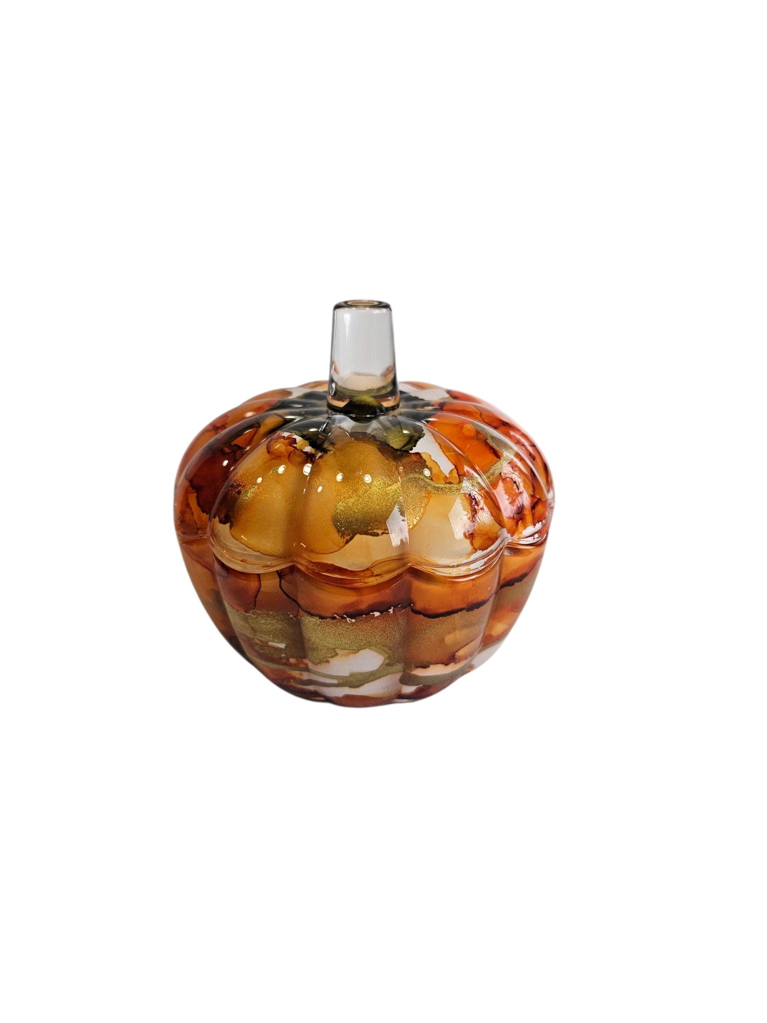 Coastal Elegance Decor handcrafted glass pumpkin dish with amber, orange, and obsidian ink-style swirls for autumn decor