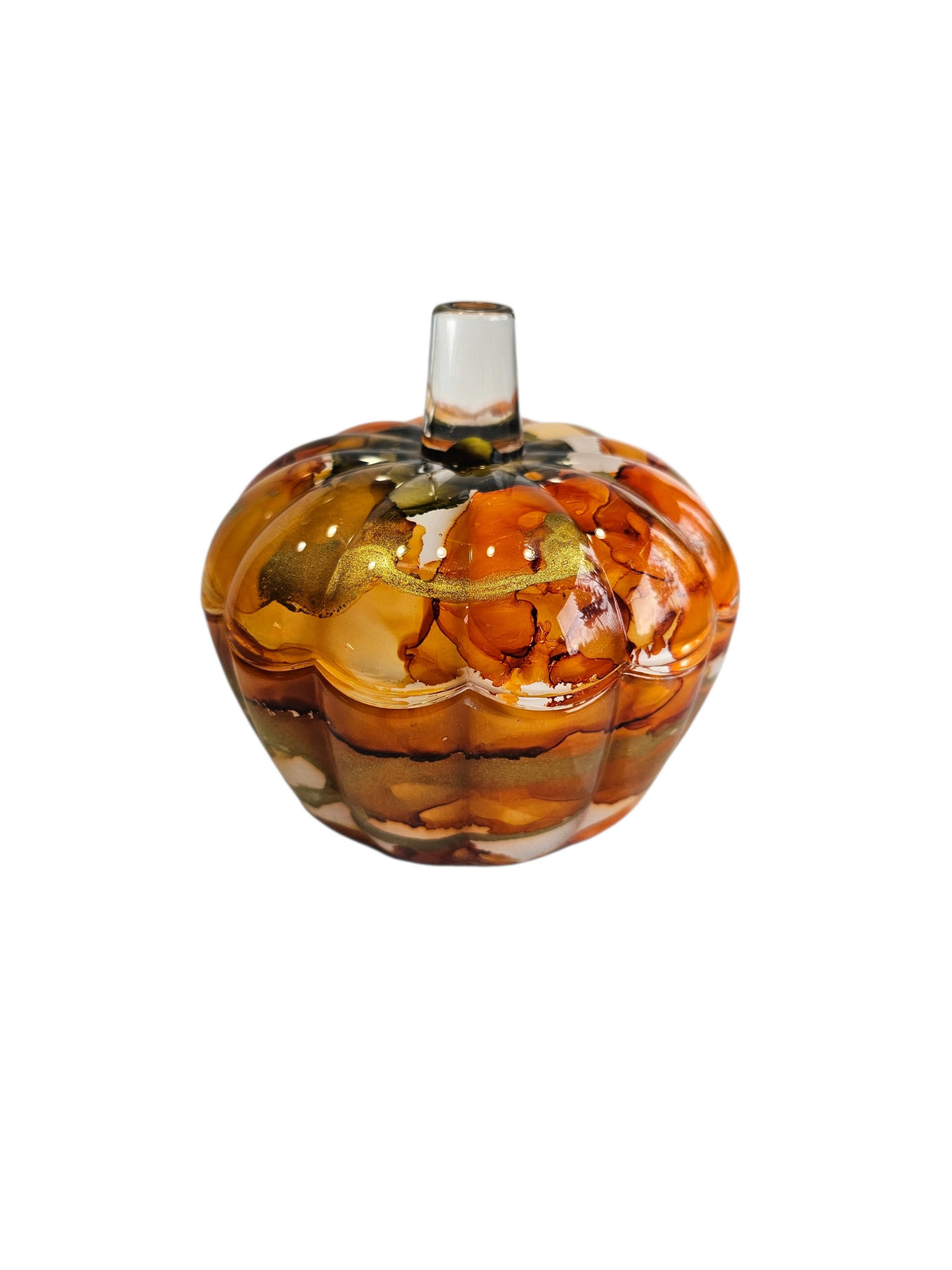 Coastal Elegance Decor handcrafted glass pumpkin dish with amber, orange, and obsidian ink-style swirls for fall decor.
