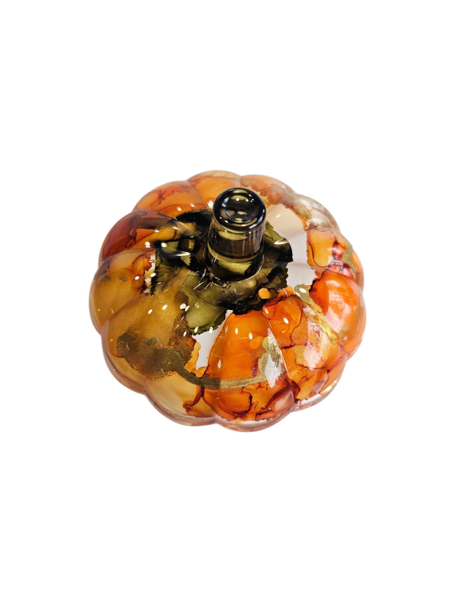 Coastal Elegance Decor handcrafted glass pumpkin tabletop dish with amber and orange ink-style swirls and a lid