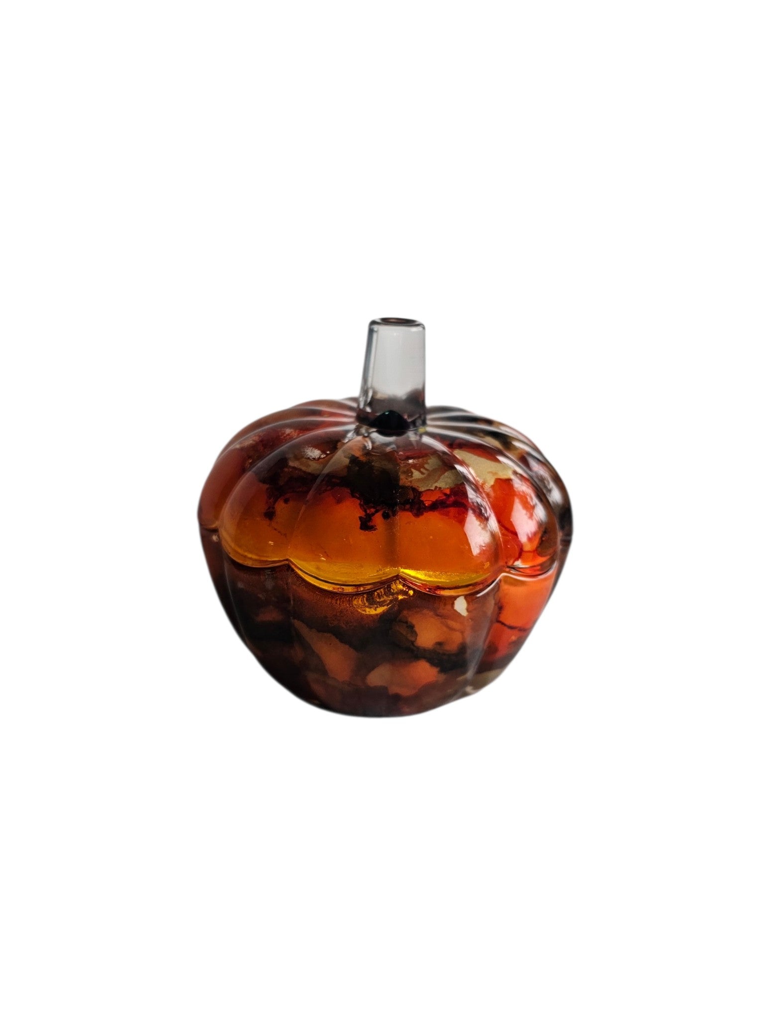 Coastal Elegance Decor handcrafted glass pumpkin dish with swirling amber and orange ink patterns and clear glass stem.
