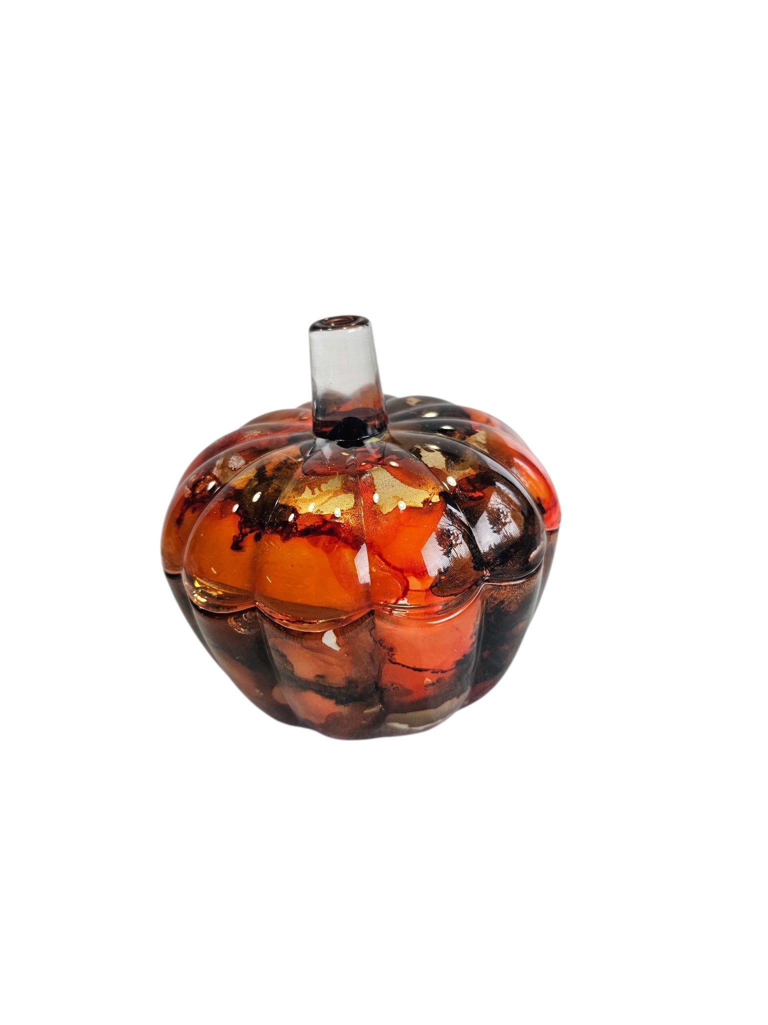 Coastal Elegance Decor handcrafted glass pumpkin with swirling amber and orange ink patterns and a clear glass stem.