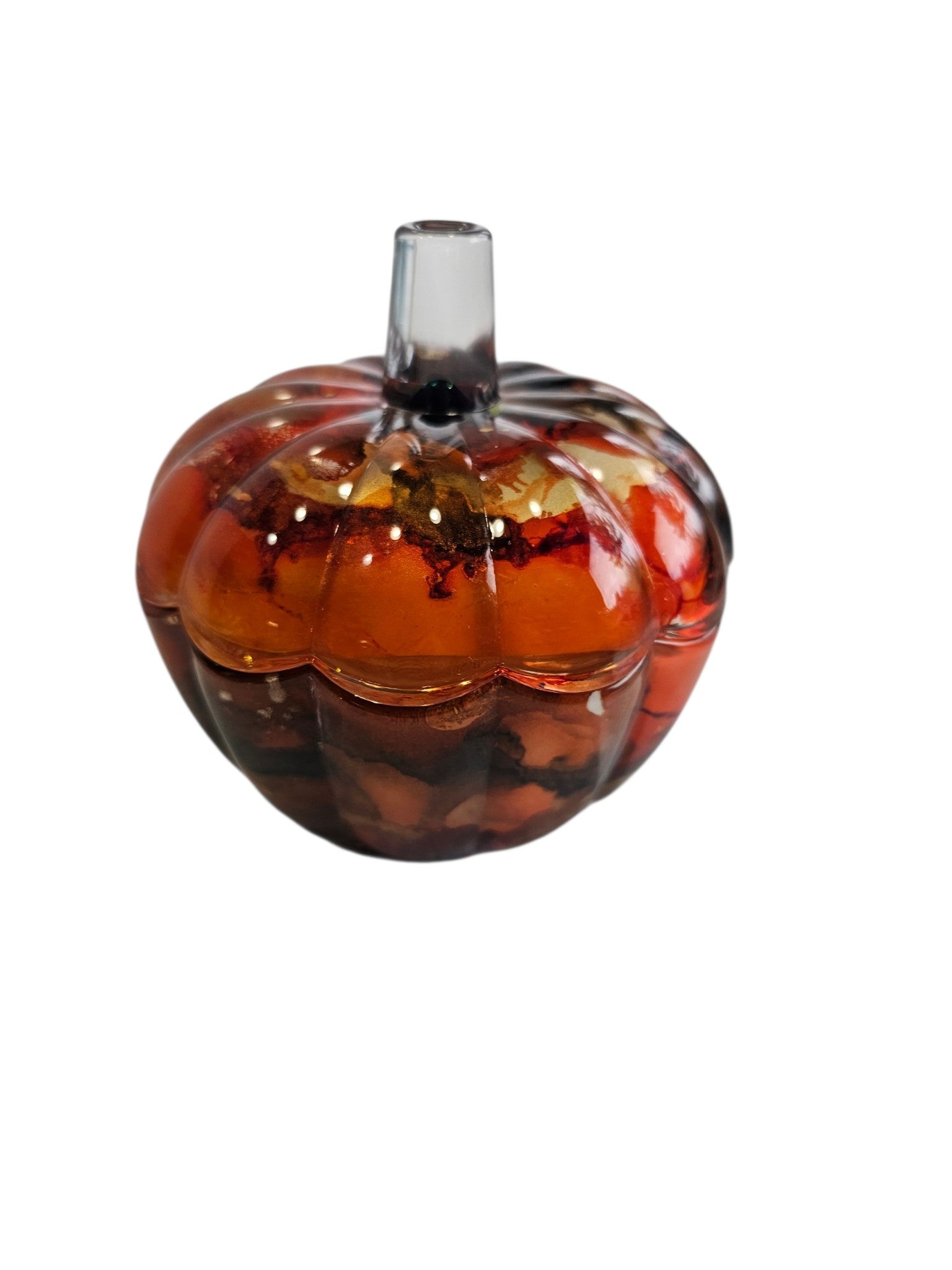 Coastal Elegance Decor handcrafted glass pumpkin dish with swirling amber and orange ink patterns and a clear glass stem.