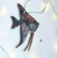 Load image into Gallery viewer, Coastal Elegance Decor handmade resin and wood tropical angel fish Christmas ornament with metallic glitter accents.
