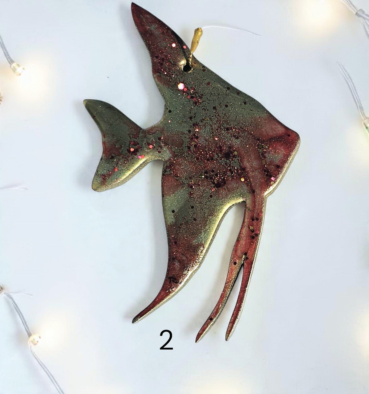 Coastal Elegance Decor handmade resin and wood tropical angel fish Christmas ornament with red and gold glitter