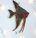 Load image into Gallery viewer, Coastal Elegance Decor handmade resin and wood tropical angel fish Christmas ornament with red and gold glitter
