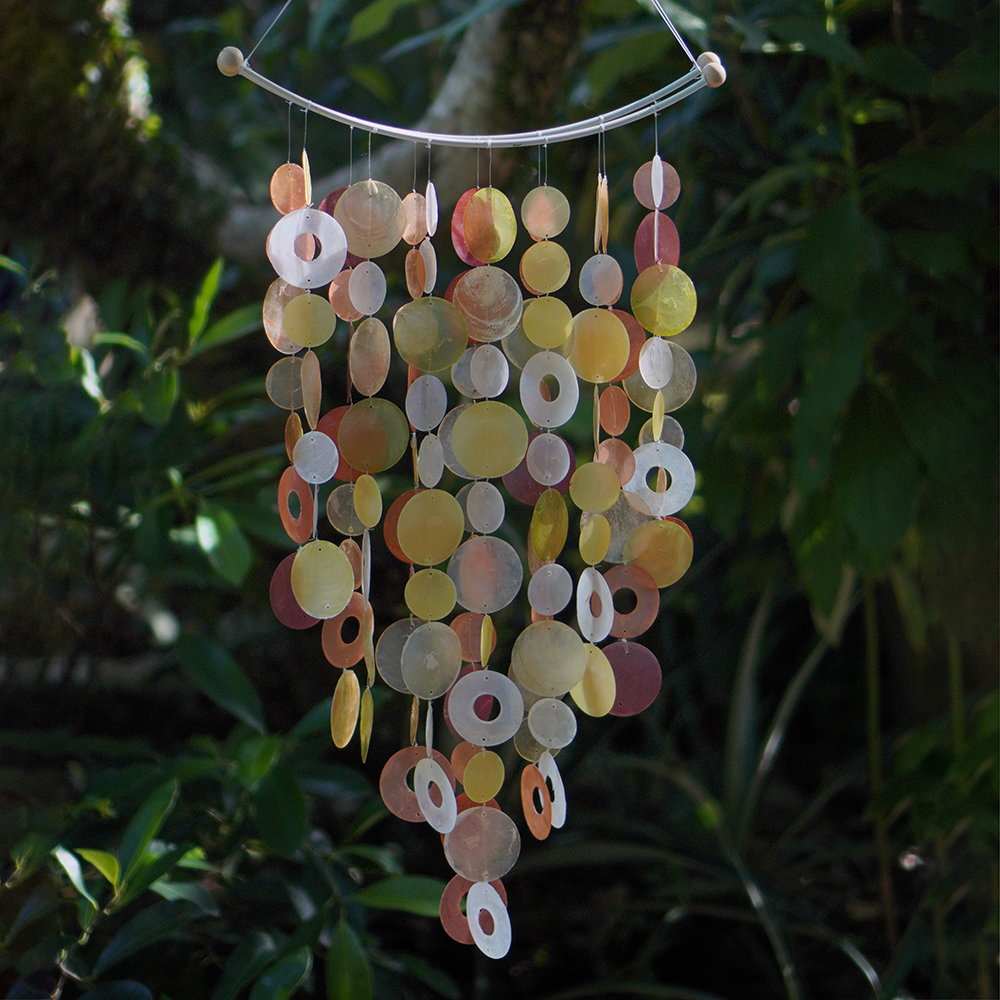 Capiz Shell Inverted Arch Windchimes Decoration in Flame Color, showcasing a stunning combination of autumnal hues with golden and brown shells arranged beautifully in a cascading design.