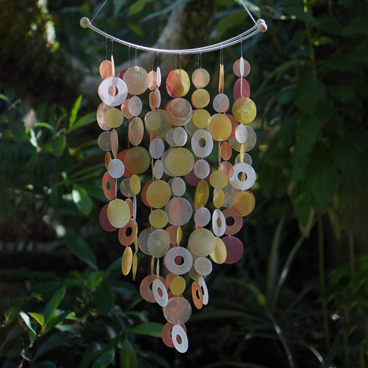 Capiz Shell Inverted Arch Windchimes Decoration in Flame Color, showcasing a stunning combination of autumnal hues with golden and brown shells arranged beautifully in a cascading design.
