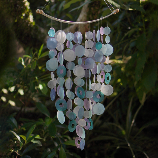 Capiz Shell Inverted Arch Wind Chimes Decor Lavender featuring a beautiful array of lavender and teal capiz shells, gently tinkling in the light, perfect for adding a soothing ambiance to any outdoor space.