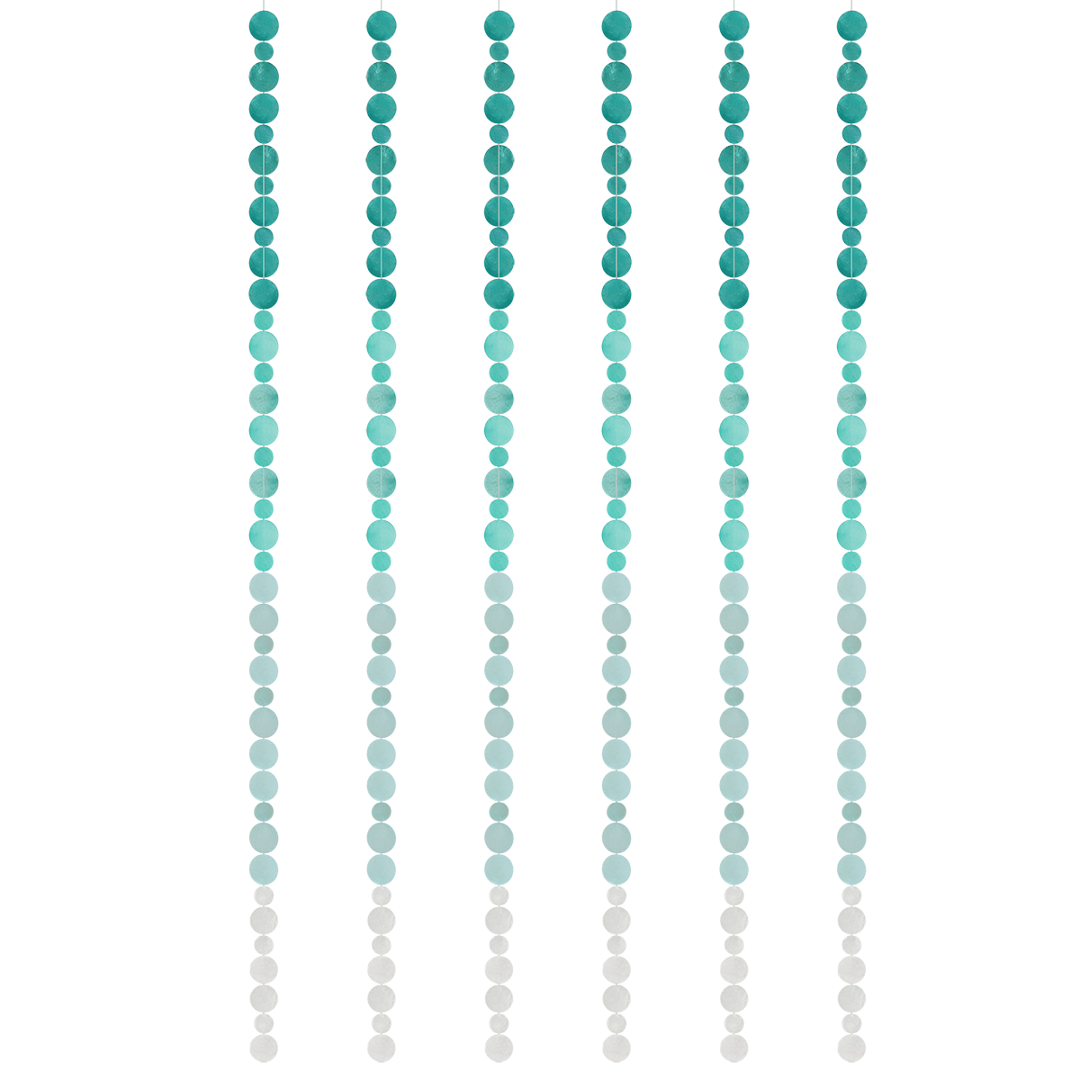 String of capiz shells in teal, green, and white strand on a white background