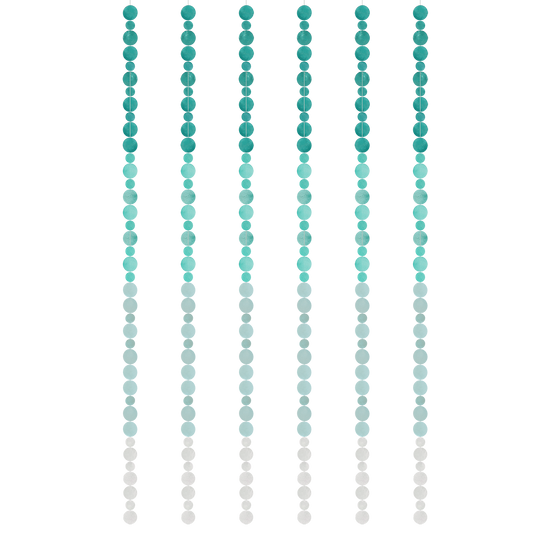 String of capiz shells in teal, green, and white strand on a white background