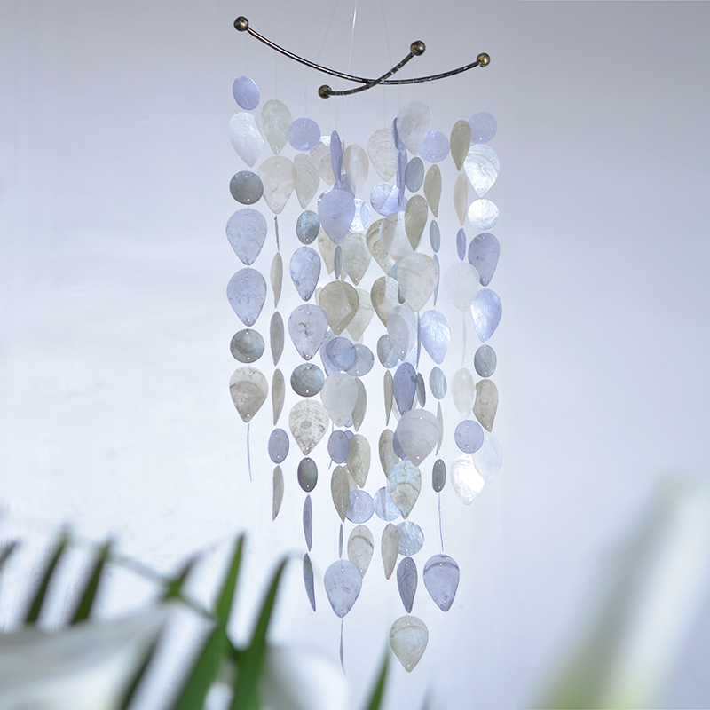 Handmade Capiz Criss Cross Top Teal Teardrop Wind Chimes Patio Decor 24"