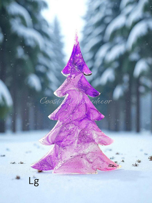 Handmade Fancy Christmas Tree Wood and Resin Holiday Decoration 2 Sizes Purple