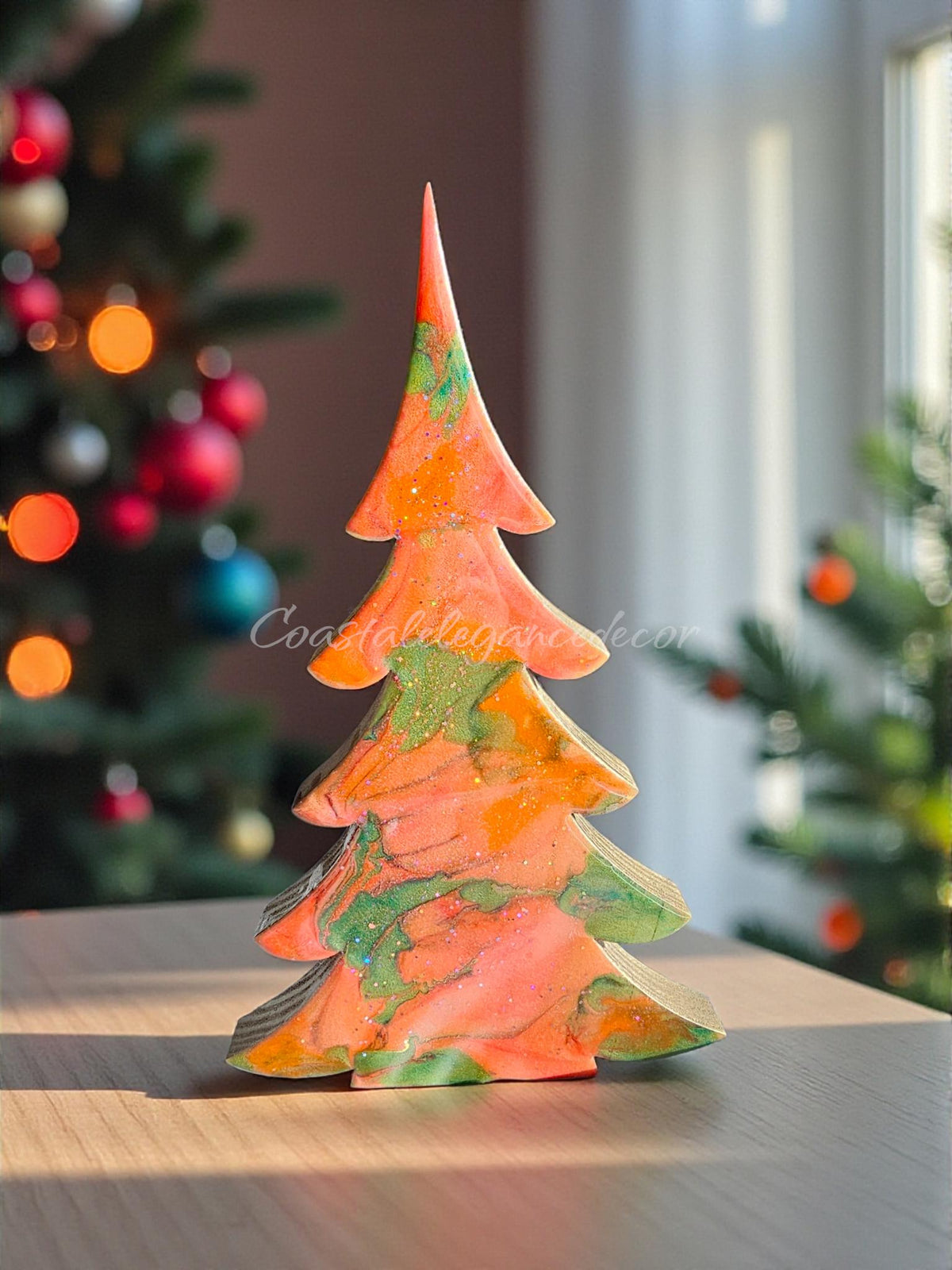 Handcrafted Tropical Colors Christmas Tree Resin Mantelpiece 12 Inch Mango Peach & Green