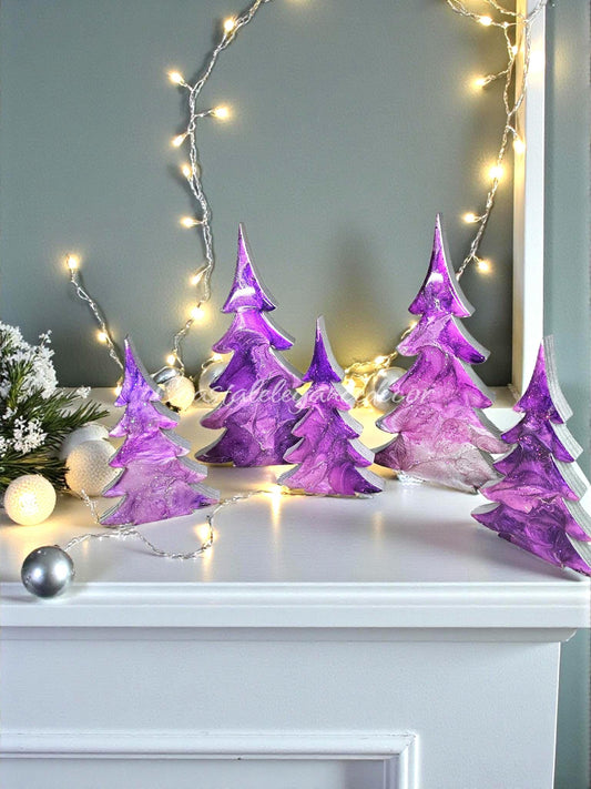 Handmade Fancy Christmas Tree Wood and Resin Holiday Decoration 2 Sizes Purple