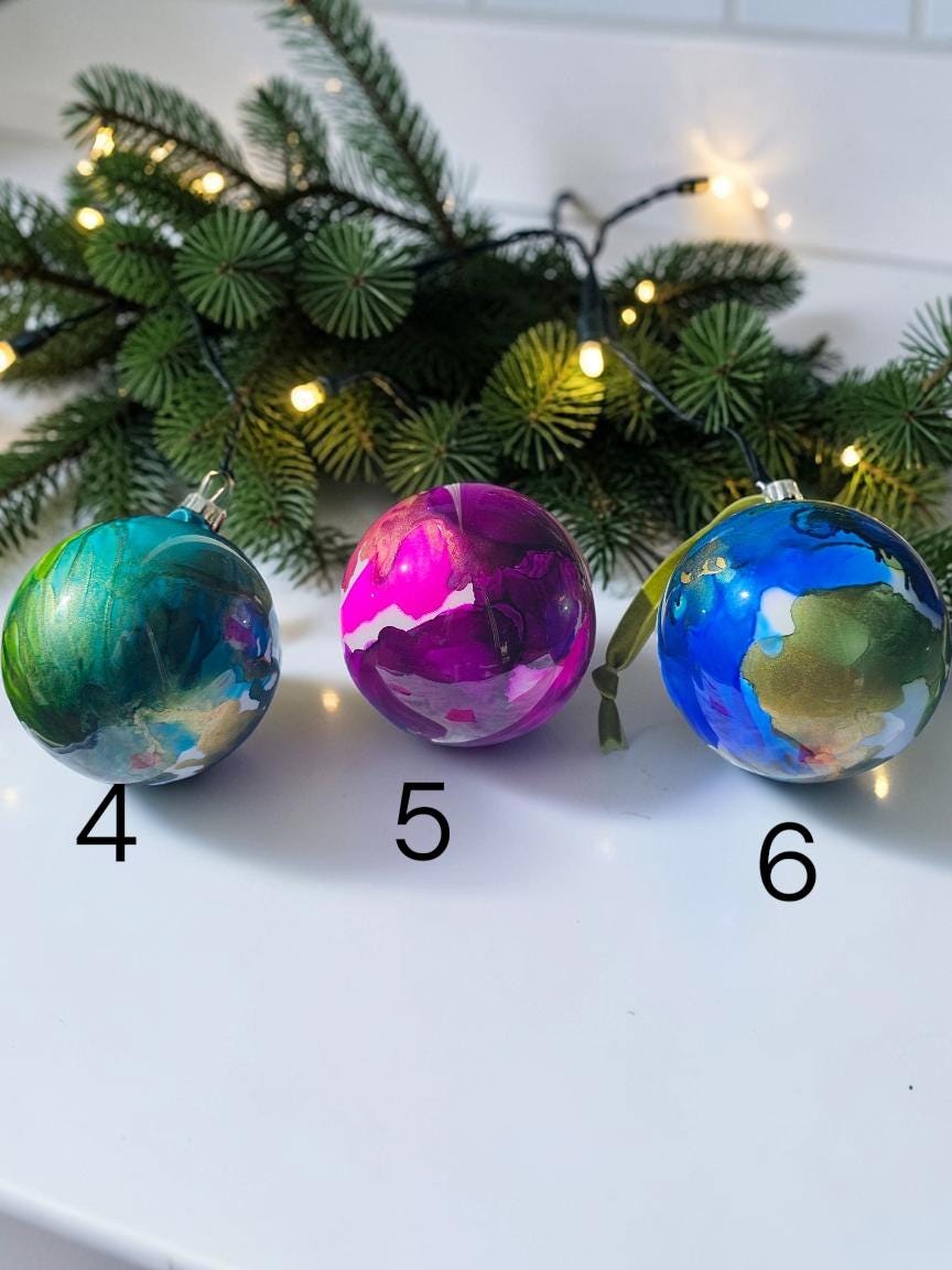 Hand-Painted Glass Ornament | Alcohol Ink Fluid Art Bauble (4" Diameter)