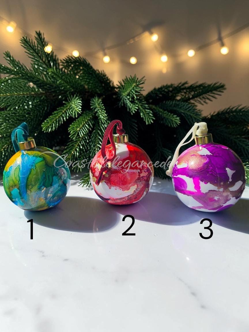 Hand-Painted Glass Ornament | Alcohol Ink Fluid Art Bauble (4" Diameter)