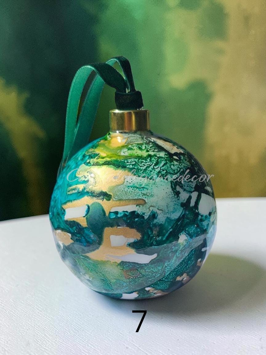 Hand-Painted Glass Ornament | Alcohol Ink Fluid Art Bauble (4" Diameter)