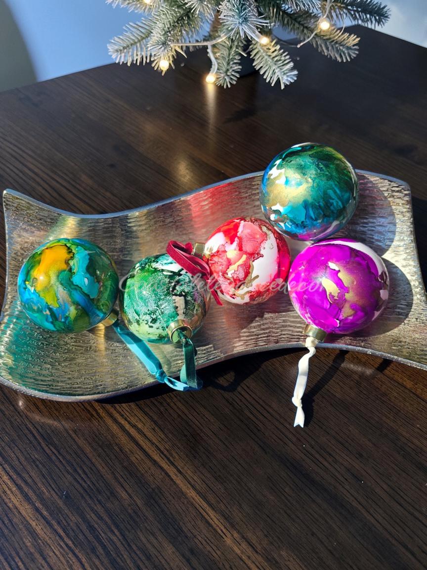Hand-Painted Glass Ornament | Alcohol Ink Fluid Art Bauble (4" Diameter)