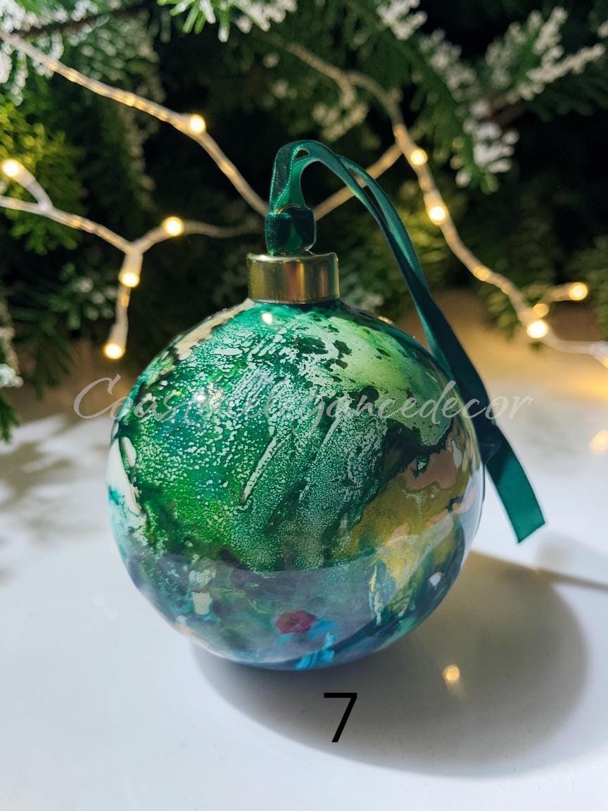 Hand-Painted Glass Ornament | Alcohol Ink Fluid Art Bauble (4" Diameter)