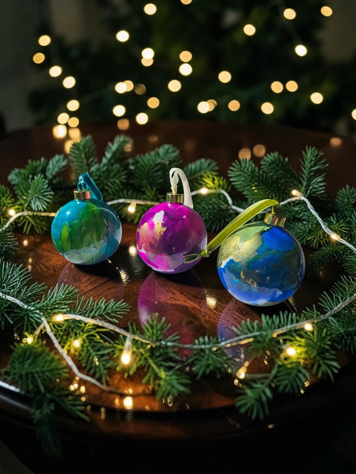 Hand-Painted Glass Ornament | Alcohol Ink Fluid Art Bauble (4" Diameter)