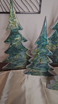Load and play video in Gallery viewer, Handmade Green and Silver Resin Wood Christmas Trees Holiday Mantelpiece 3 Sizes
