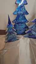Load and play video in Gallery viewer, Handmade Cobalt and Silvery Blue Resin Wood Christmas Trees Holiday Mantelpiece 3 Sizes
